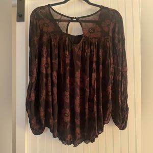 Free People Womens Top S Flowy Keyhole Back Sheer Round Hem Stretch Floral Crop